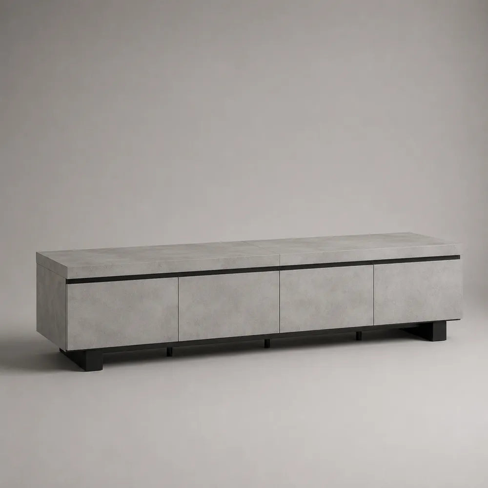 Meuble TV bas avec 4 portes en panneau MDF effet béton gris pieds noirs 220 x 40 x 45 cm