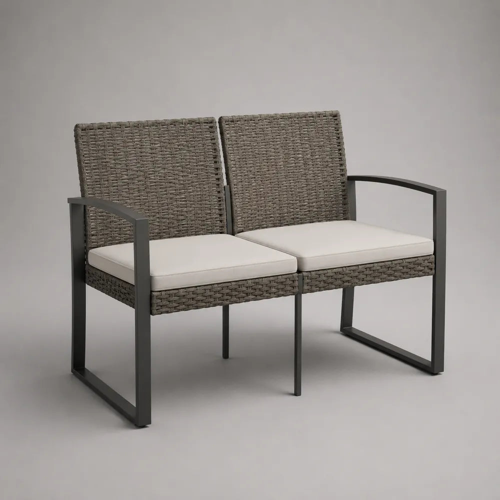 Banc de jardin 2 places 120 cm en résine tressée grise avec coussins blancs et cadre acier
