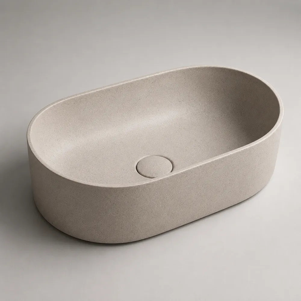 Lavabo à poser ovale en résine minérale effet pierre beige clair 60 x 40 x 15 cm