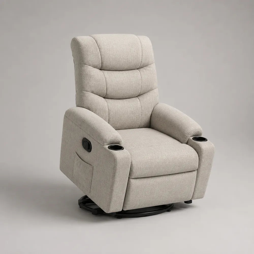Fauteuil relax pivotant inclinable en tissu polyester beige avec repose-pieds porte-gobelets 80 x 90 x 105 cm