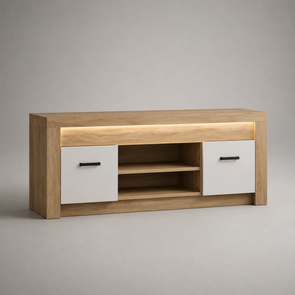 Meuble TV bas en MDF effet chêne avec portes niche ouverte et éclairage LED blanc 180 x 40 x 50 cm