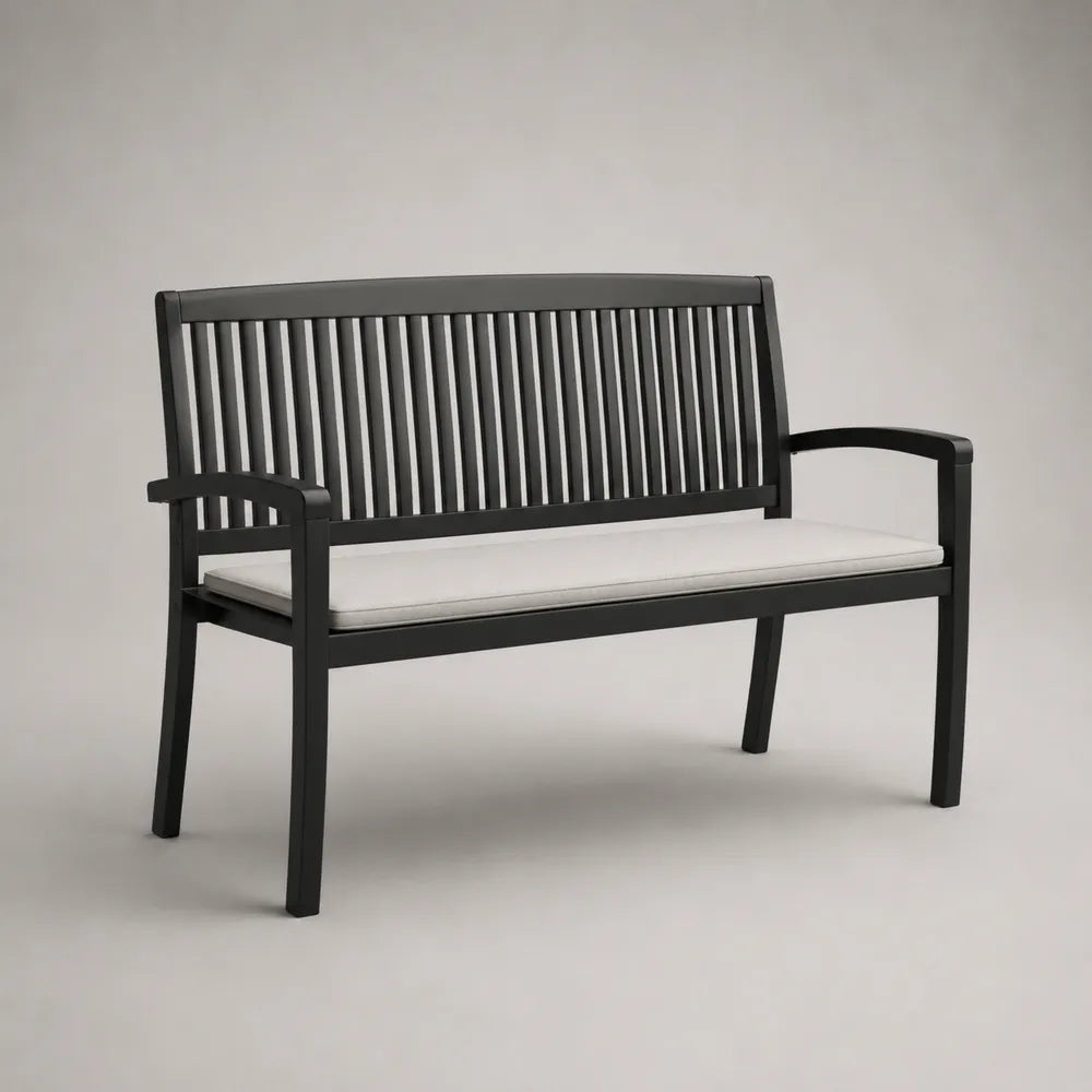 Banc de jardin 2 places en bois massif peint noir avec coussin polyester écru dossier à barreaux 130 x 58 x 88 cm