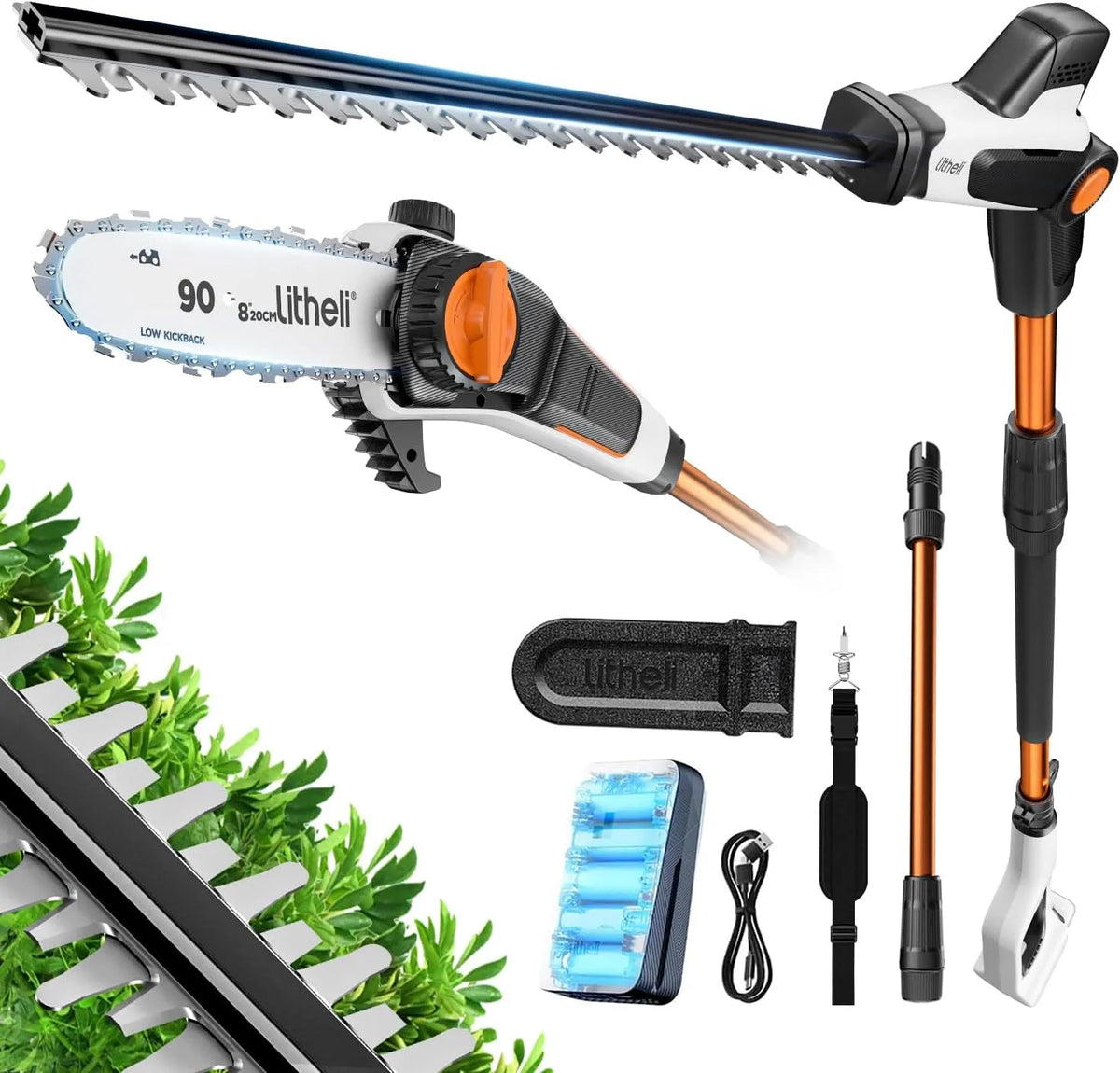 Litheli 2-en-1 Élagueur sur Perche et Taille Haie à fonctionnement à fonctionnement sans fil, Lame de 47 cm, Batterie 2,0 Ah, Hauteur Fixe