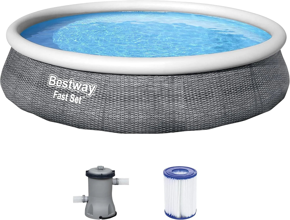 Bestway pompe 57376, Piscine Hors Sol Fast Set Ronde Motif Rotin finition grise 396 X 84 cm, de Filtration, bleu