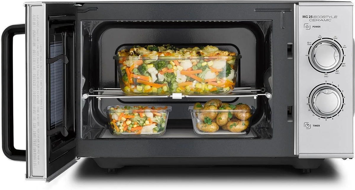 Caso four à micro-ondes MG 25, capacité 25 L, Ecostyle Ceramic, coloris finition argentée, 2-en-1 sans plateau tournant avec gril 1000 W, grand format