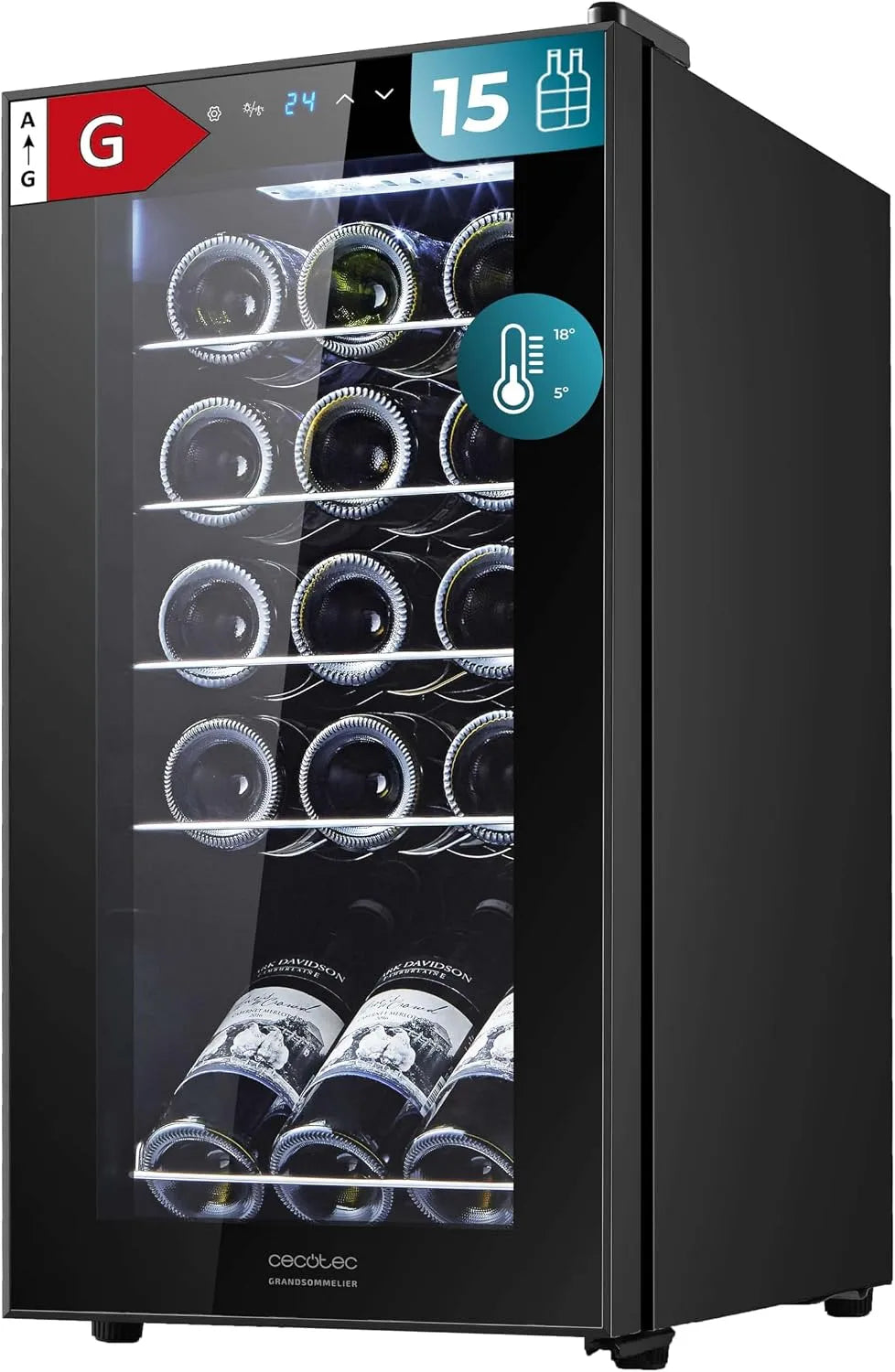 Cecotec cave à vin 1550, compresseur, 15 bouteilles, température réglable 5-18°C, Bolero GrandSommelier Black Compressor. noire, panneau tactile.