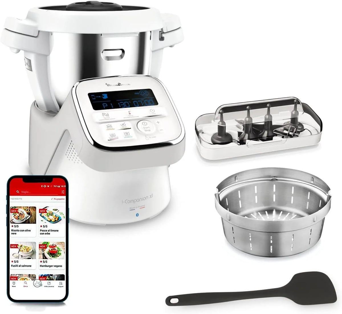 Moulinex I-Companion XL Robot Cuiseur Connecté -14 Fonctions Automatiques, Capacité 10 Personnes, Fabriqué en France, finition blanche, finition grise