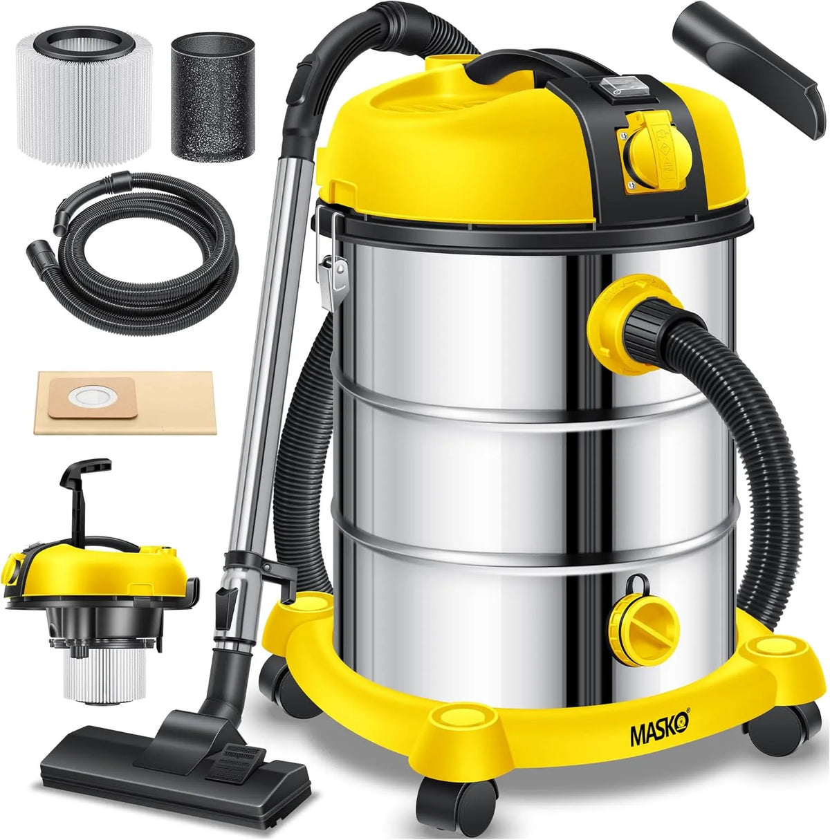 Aspirateur Masko, Push&Clean, Jaune, Industriel Eau et poussière Acier Inoxydable 2 300 W + Prise électrique Fonction