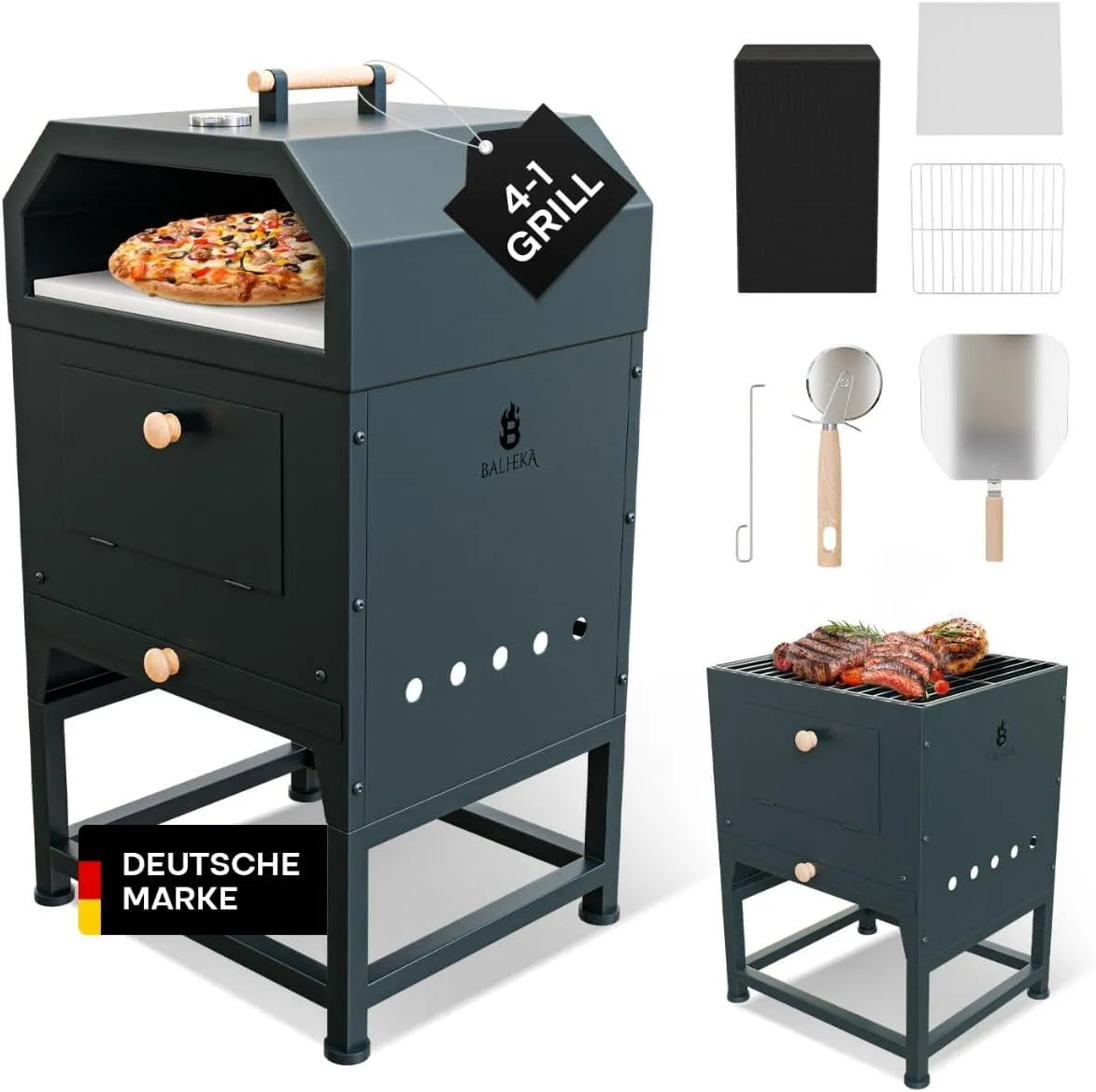 Four, dimensions 38 x 33 x 46 cm, 4 en 1, à pizza d'extérieur, Barbecue et à pizza, à pizza croustillant en pierre, Barbecue et foyer, Idéal pour