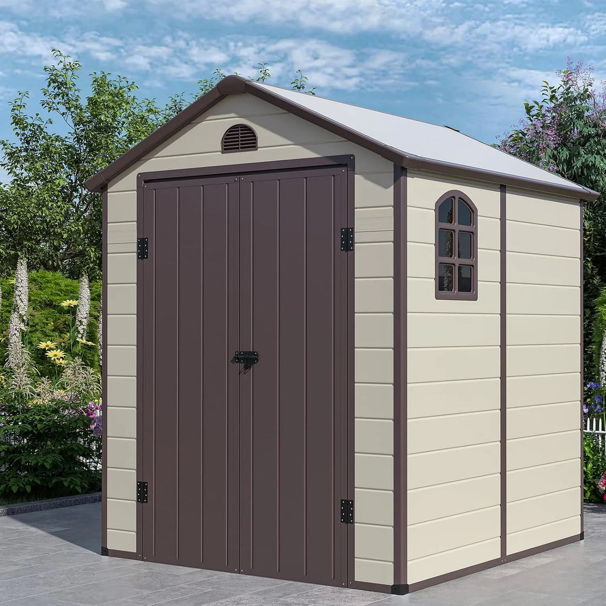 Abri de jardin Costway, Extérieur 6.2 m³ avec Porte Verrouillable, PVC 3.1㎡ avec 2 Fenêtres, Rampe pour Vélos, Cadre en Acier, Toit en Pente, Outils