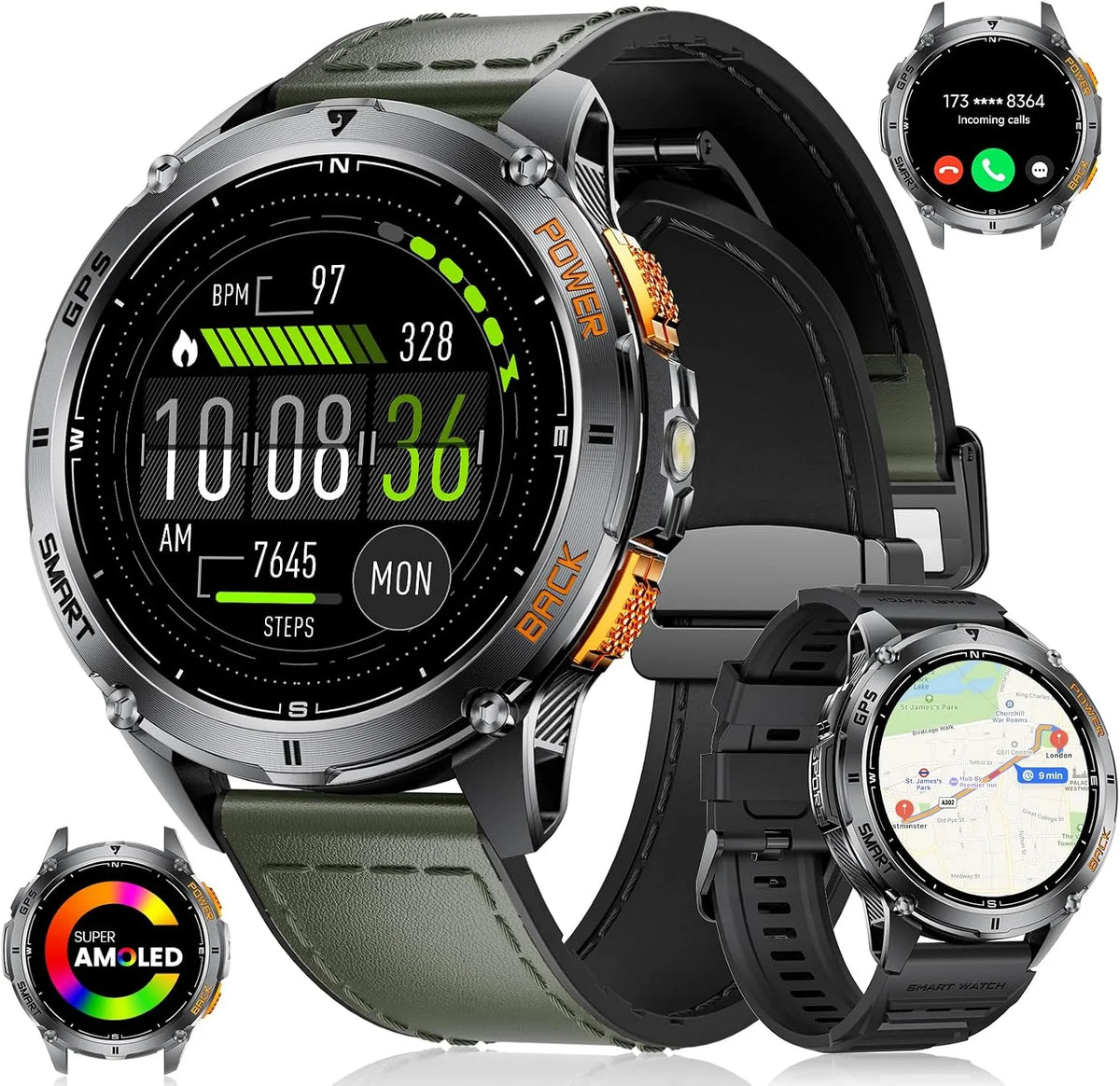 Smartwatch 1.43' HD AMOLED avec Lampe Poche LED LIGE Montre, Baromètre, Boussole, iOS Android, 110+ Modes Fitness Activity Tracker, Altimètre