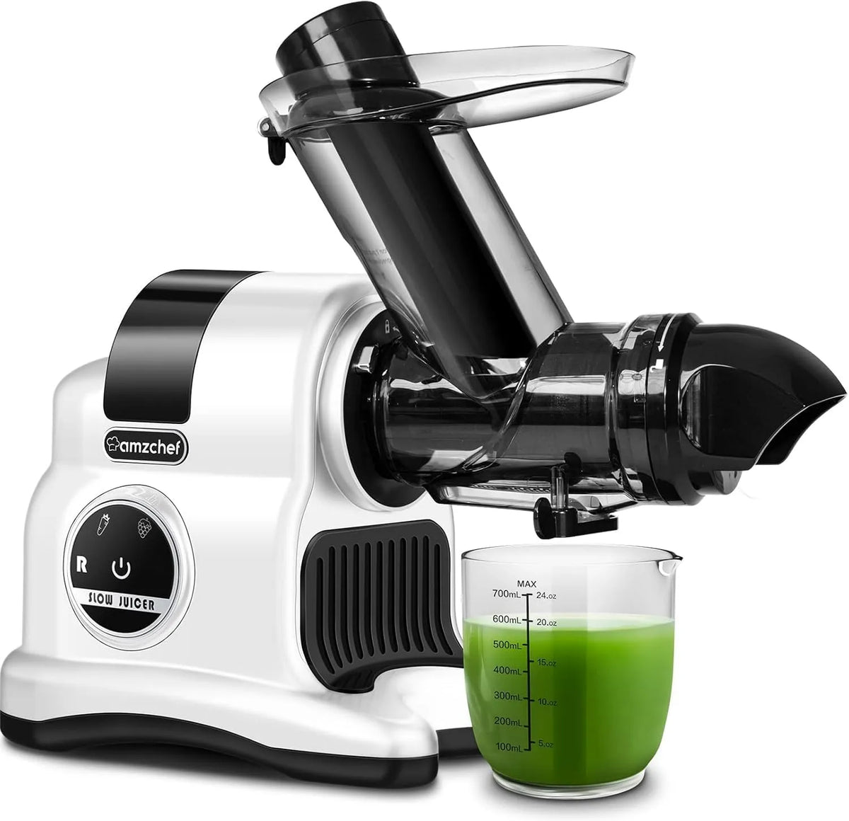 Extracteur de jus AMZCHEF, avec 2 modes de vitesse et fonction Reverse, à goulotte large de 80 mm, finition blanche