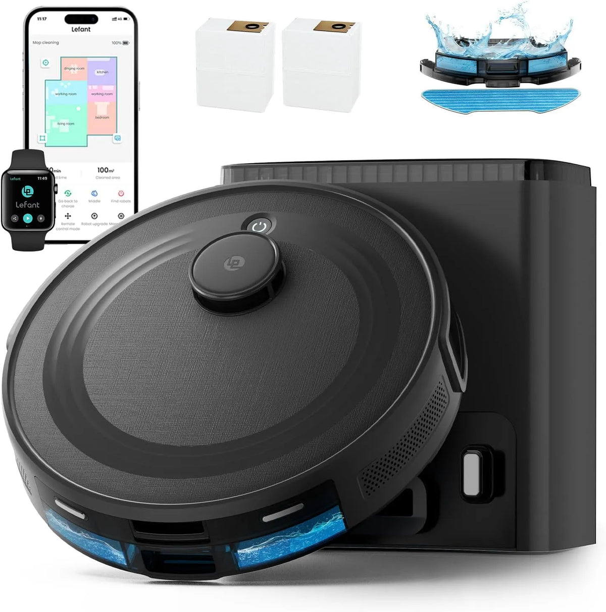 Aspirateur robot, Navigation Cartographie, Idéal pour Poils d'animaux, WiFi, Alexa, Évitement d'obstacles PSD, Tapis, App, finition noire