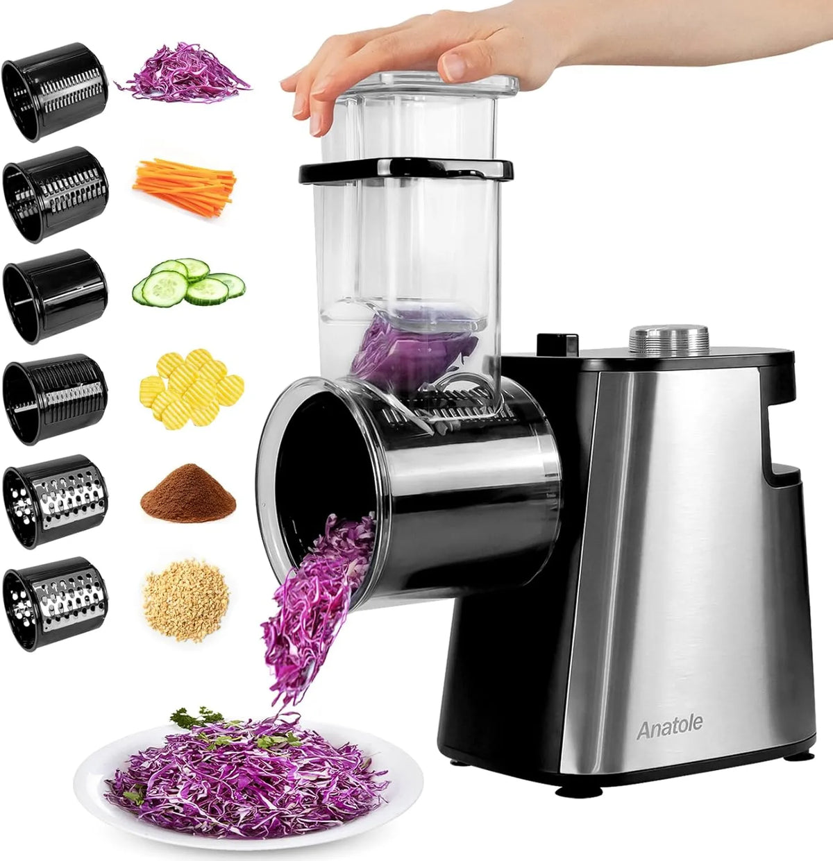 Trancheuse, Anatole Coupe Légumes Électrique Rape à Fromage Acier Inox 6 Lames 250W Rapeuse