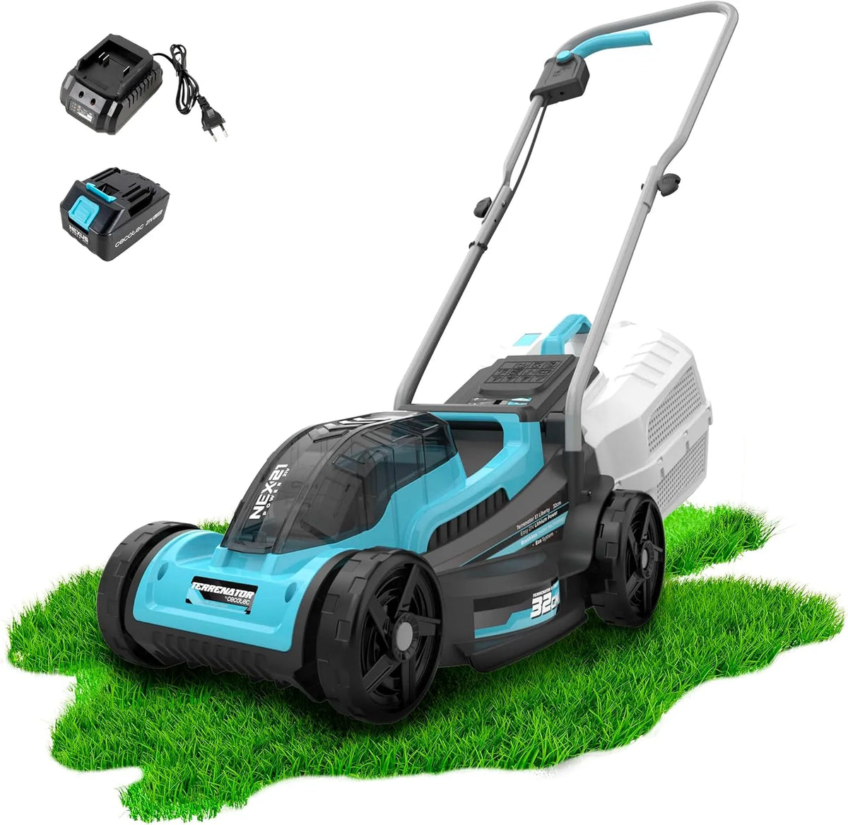 Cecotec tondeuse à gazon, Fonctionne avec 1 Batterie 21 V 4 Ah, Bac 30 L, à Batterie sans Fil Terrenator E1 Liberty. Moteur sans Balais Brushless