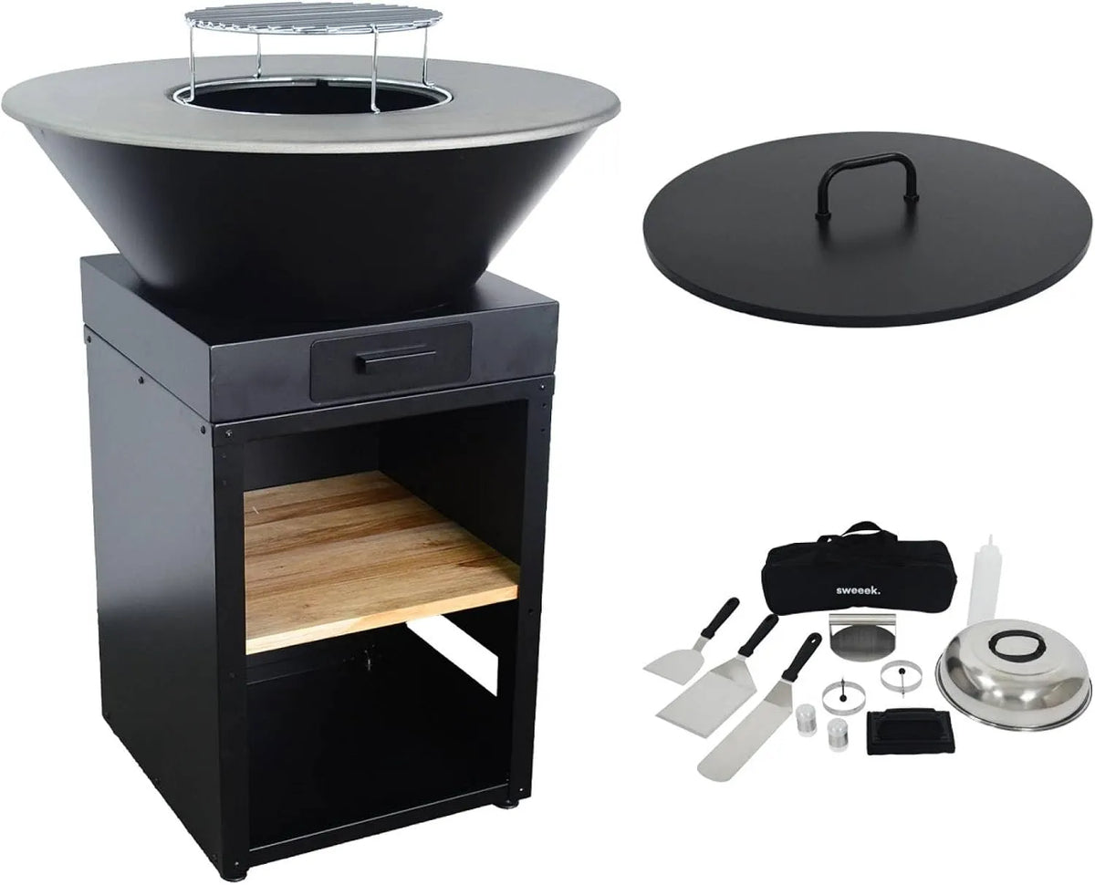 Barbecue sweeek - Brasero, Brasero Ø81.5cm avec Grille de Cuisson. Espace de Rangement. Couvercle et ustensiles