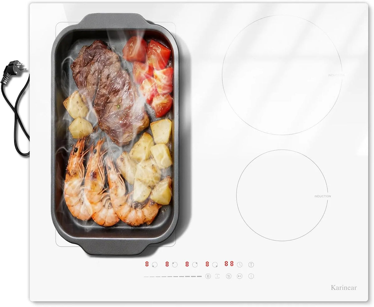 Plaque de cuisson Karinear, Induction Blanche 4 Feux, Prise 16A, Boost, Verrouillage de Sécurité, tension 220V, Zone Flexible, Pause