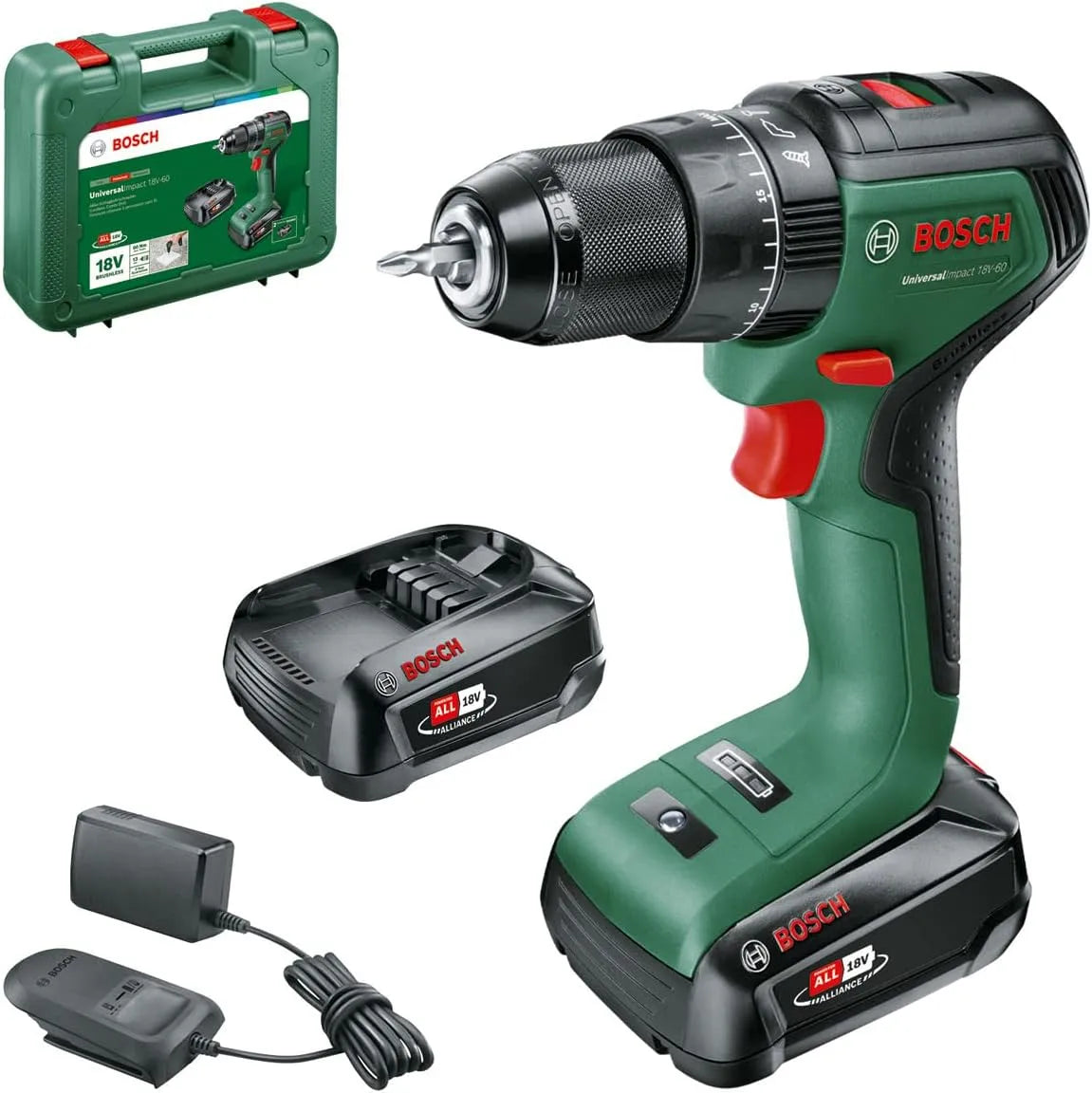 Bosch perceuse 18V-60, visseuse à percussion sans fil UniversalImpact, 2 batteries 2,0 Ah, système 18 V, dans c t de transport