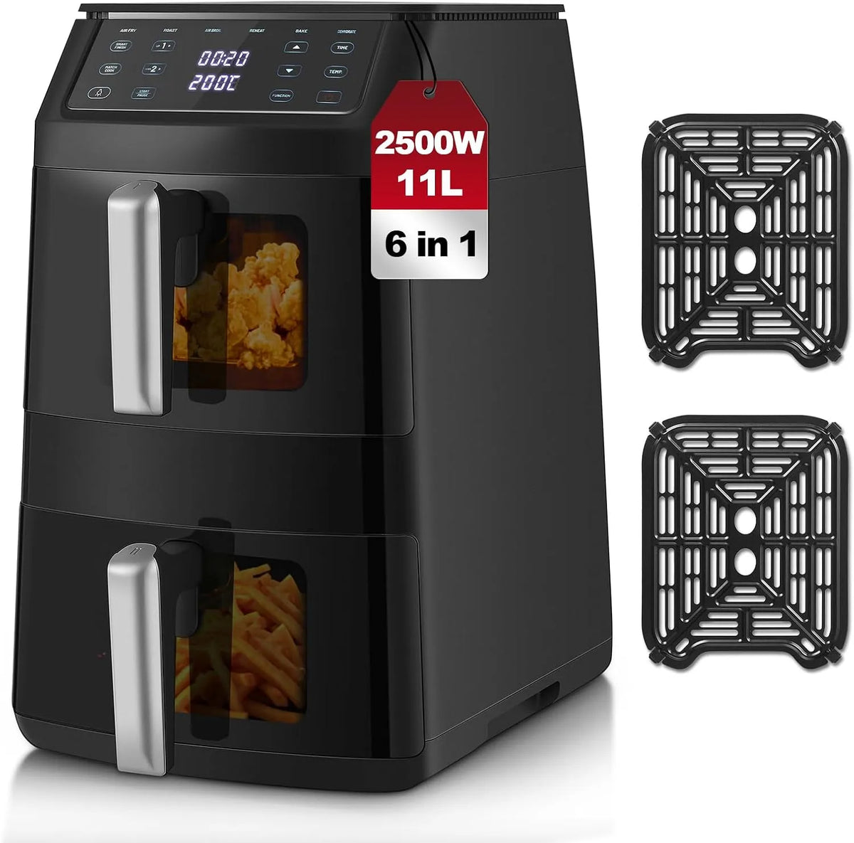 Fryer TopStrong Air, puissance 2500W & 40–220°C, Fryer 11L, Friteuse sans Huile à 2 Tiroirs de Visualisation, capacité 11L, 6 Fonctions de Cuisson