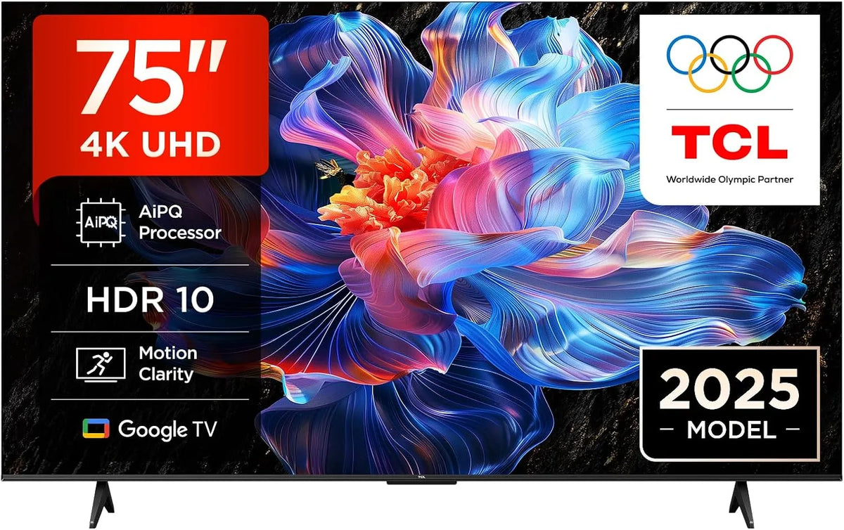 Téléviseur 75V6C TCL, 4K HDR, LED direct, Smart TV avec Google TV, Dolby Audio, Motion Clarity, compatible avec Google Assistant et Alexa