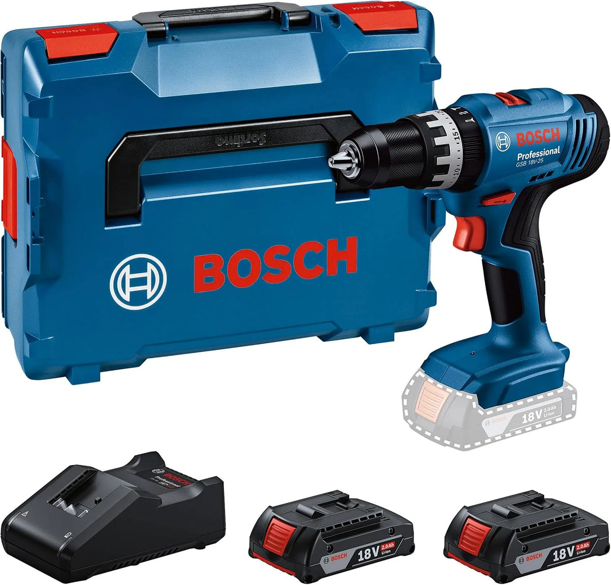 Bosch perceuse 18V-25 18V-40, Professional 18V System -visseuse sans-fil GSB, Ø vis max. 10 mm, avec 2 batteries GBA 2,0 Ah, GAL, L-BOXX