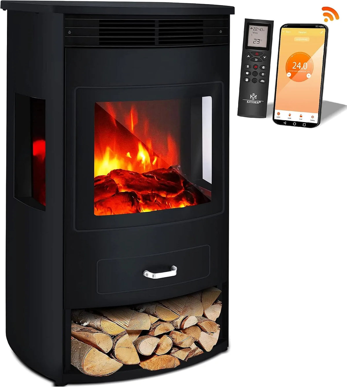 Kesser cheminée électrique, 950/1900 W, Prio avec chauffage, télécommande, fonction chauffage, radiateur soufflant, application WiFi, avec thermostat