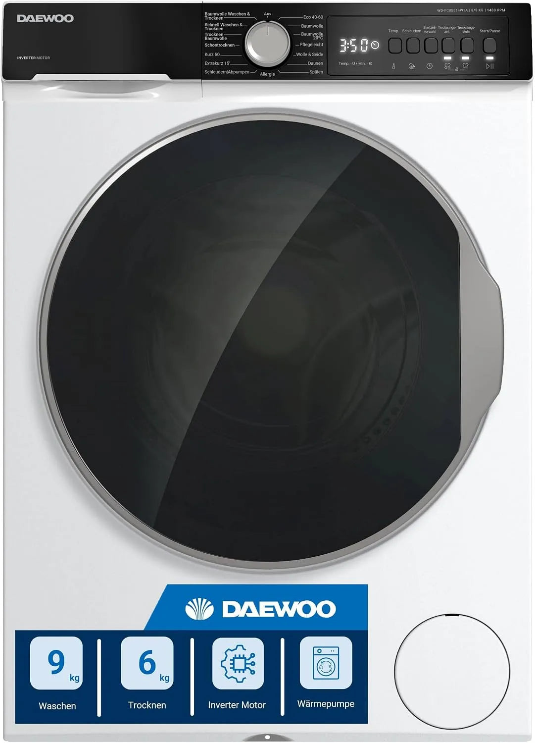 Daewoo lave-linge WD-FC85514W1A-DE, poids 8 kg, séchage 5 kg, 1400 tr/min, séchant, moteur Inverter, classe énergétique A, AquaStop finition blanche