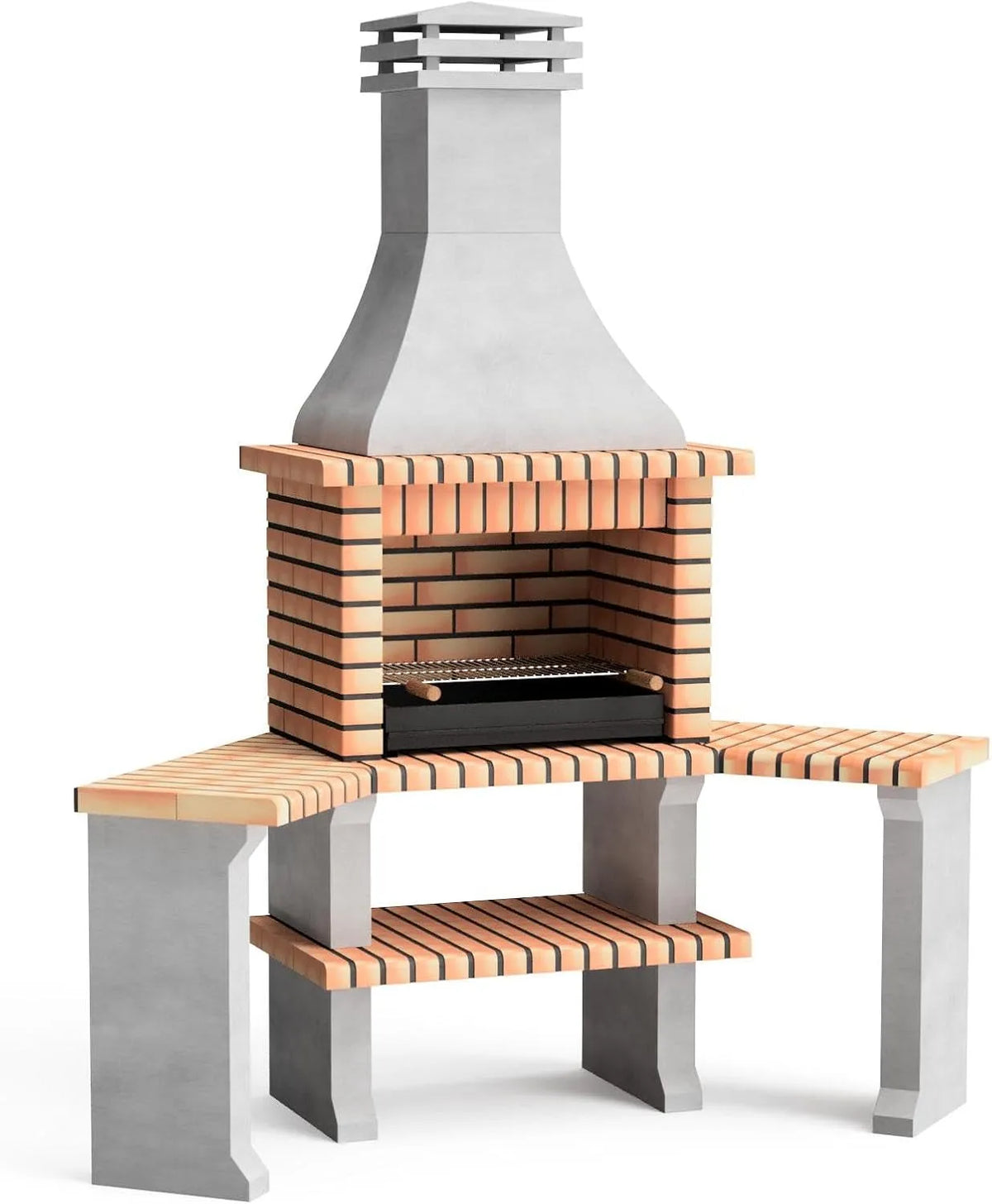 Barbecue MOVELAR, préfabriqué à bois et charbon en béton réfractaire modèle Roma 2 Tables Latérales Angle, Orange, finition grise, REF: 3800/1