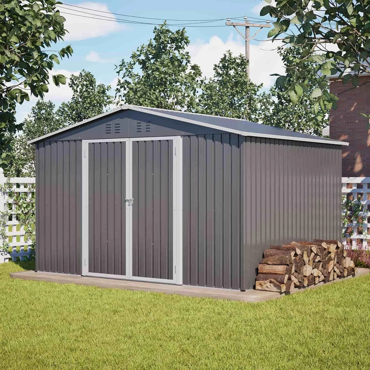 Abri de jardin 10x8FT, cabane de Jardin avec Portes coulissantes et Ventilation, pour Jardin et Stockage, en Métal 300x252x191cm, finition grise-C