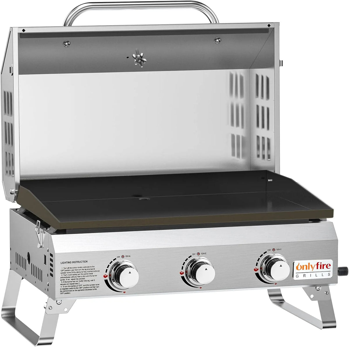Barbecue à gaz, de Table avec Plaque de Gril, puissance 7Kw, Thermomètre, Portable, Onlyfire 3 Brûleurs Barbecues à Gaz, Zone de Cuisson 57 x 36cm