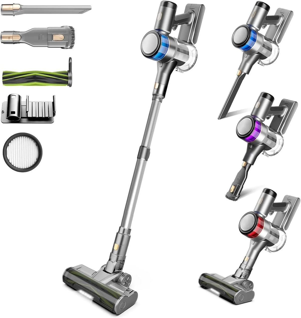 Aspirateur sans fil 55Min, Aspirateur sans Sac avec LED Écran pour Tapis Poils d'animaux Sol Dur, Autonomie, Brosse Anti-emmêlement, Batterie Amovible