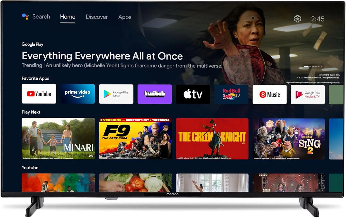 Smart TV 840100, MEDION TV 40 Pouces Full HD, largeur 100,3 cm, Television, Android TV, HDR, Prime Video, PVR, Bluetooth