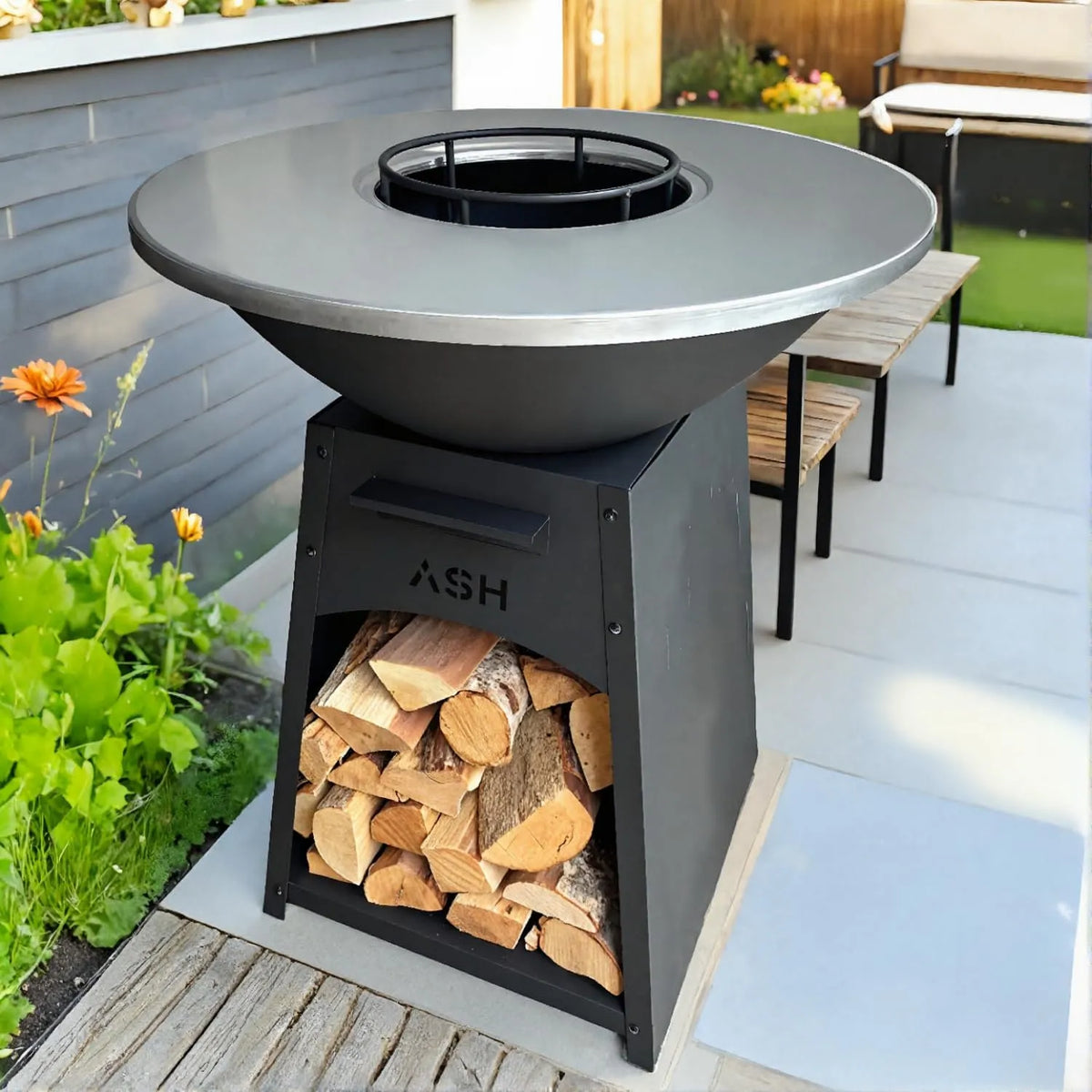 Plaque de cuisson, Plancha, Rangement du bois, BBQ, Grill, Brasero, Extérieur, Anneau de barbecue, ASH NOVA Large