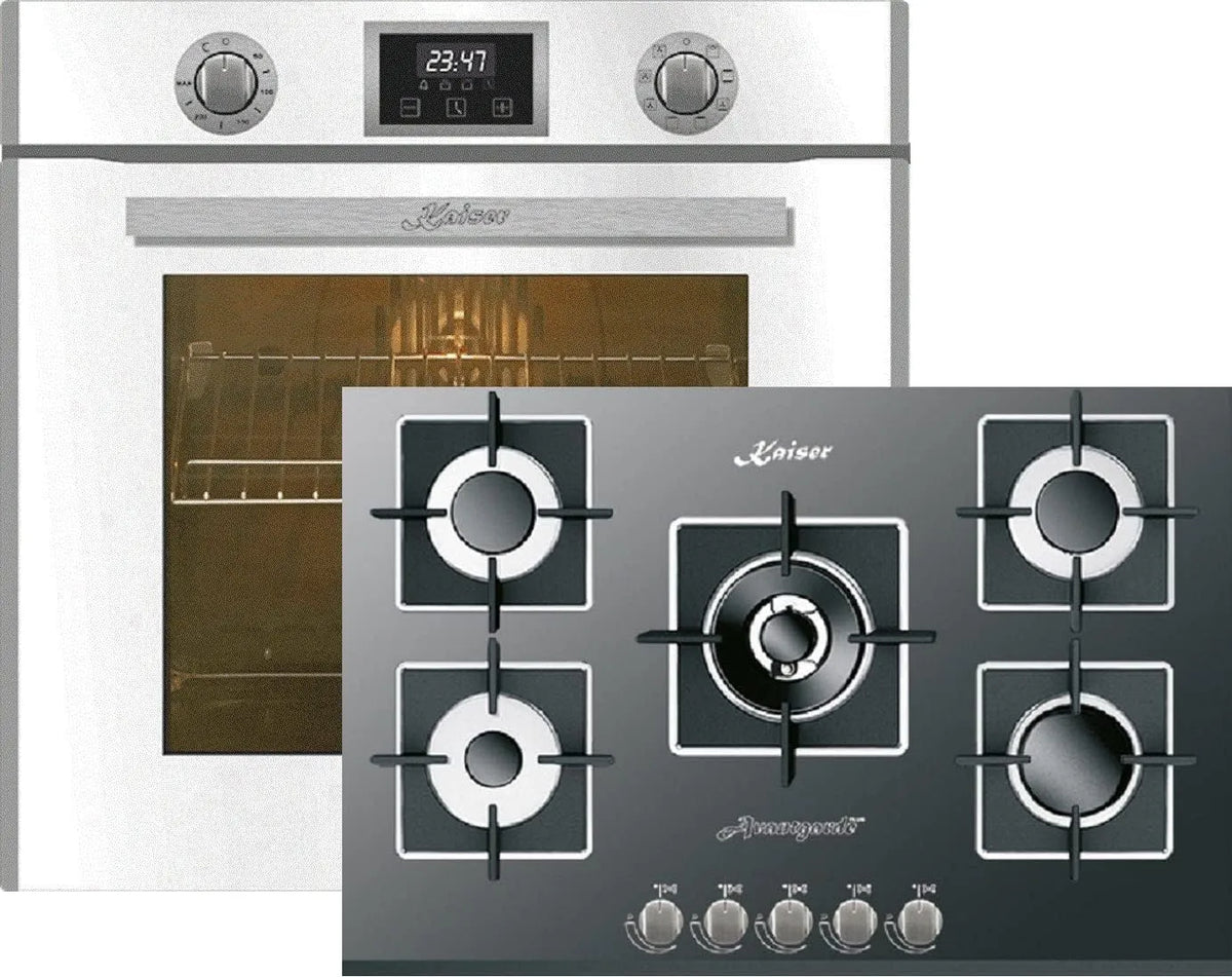 Four électrique EH 6326 W KCG 8382, Kaiser Set four + Turbo, 10 fonctions + table de cuisson encastrable à gaz 77cm, capacité 79L