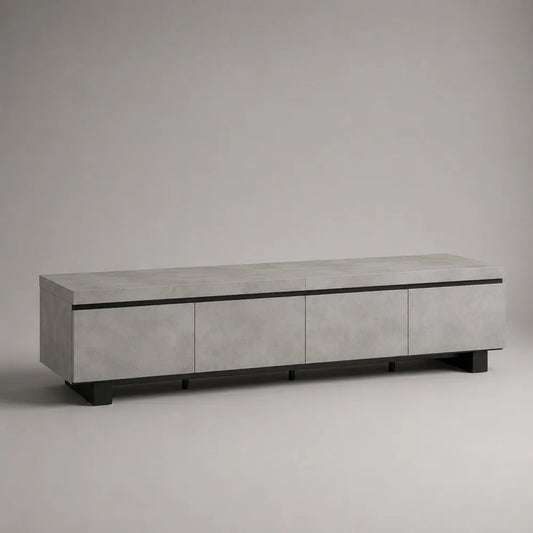 Meuble TV bas avec 4 portes en panneau MDF effet béton gris pieds noirs 220 x 40 x 45 cm