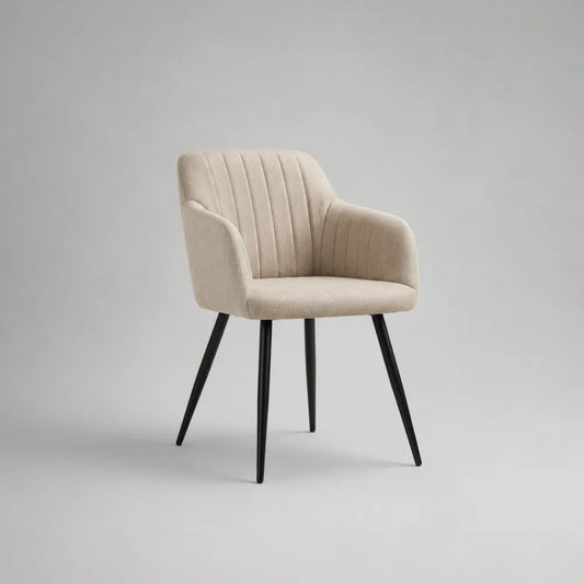 Chaise de salle à manger avec accoudoirs en tissu polyester beige et pieds en acier noir 56 x 60 x 82 cm