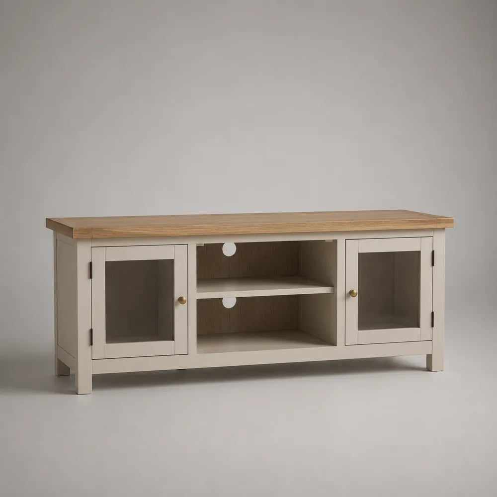 Meuble TV en MDF blanc avec plateau effet chêne et portes vitrées 180 x 40 x 55 cm
