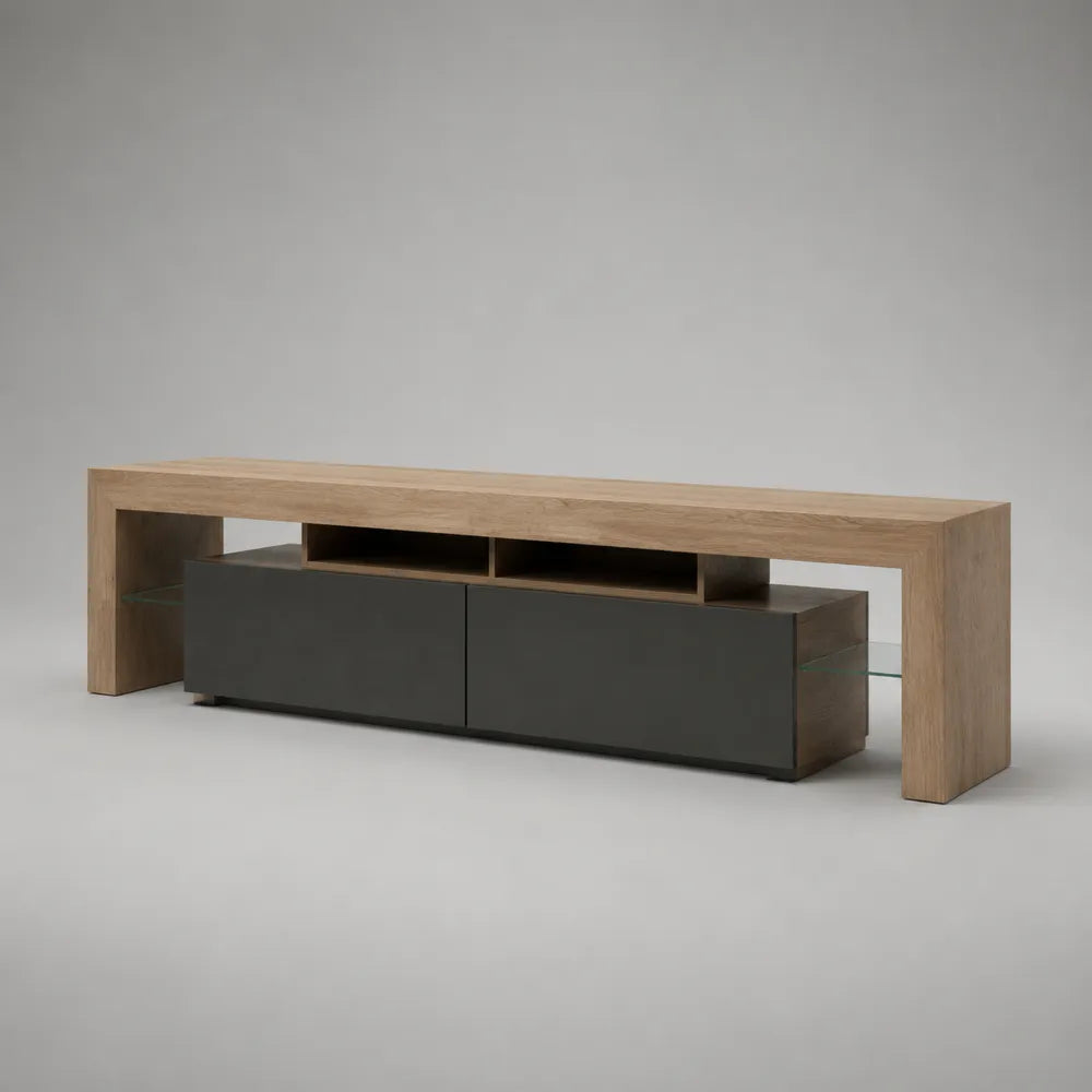 Meuble TV en MDF effet bois et gris anthracite avec portes et étagères en verre 180 x 40 x 45 cm