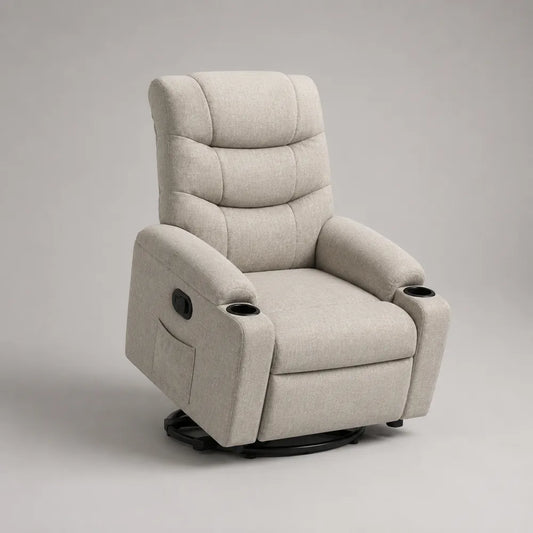 Fauteuil relax pivotant inclinable en tissu polyester beige avec repose-pieds porte-gobelets 80 x 90 x 105 cm