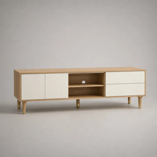Meuble TV bas en MDF effet chêne blanc avec portes tiroirs et niche ouverte 180 x 40 x 50 cm