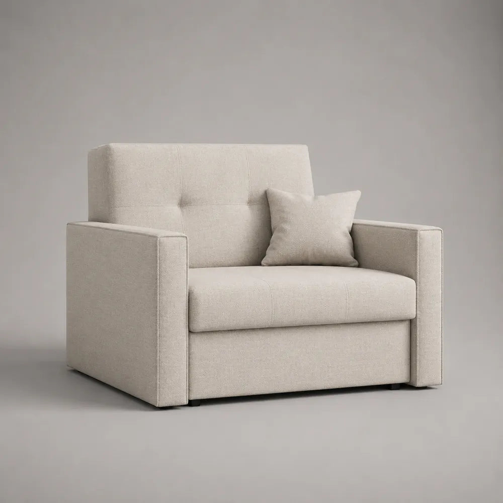Fauteuil convertible en tissu polyester beige avec accoudoirs et coussin 85 x 90 x 85 cm