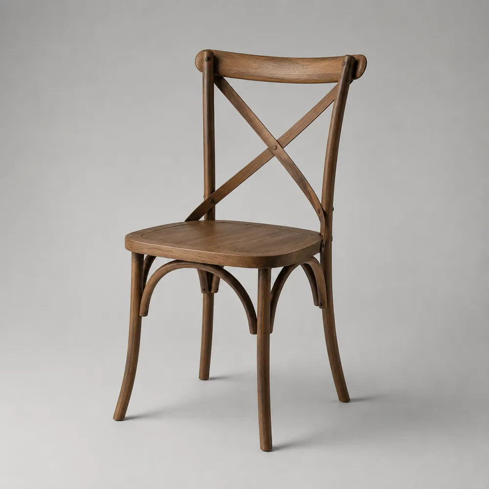 Chaise de salle à manger 50 cm en bois massif finition noyer avec dossier croisé et assise ronde
