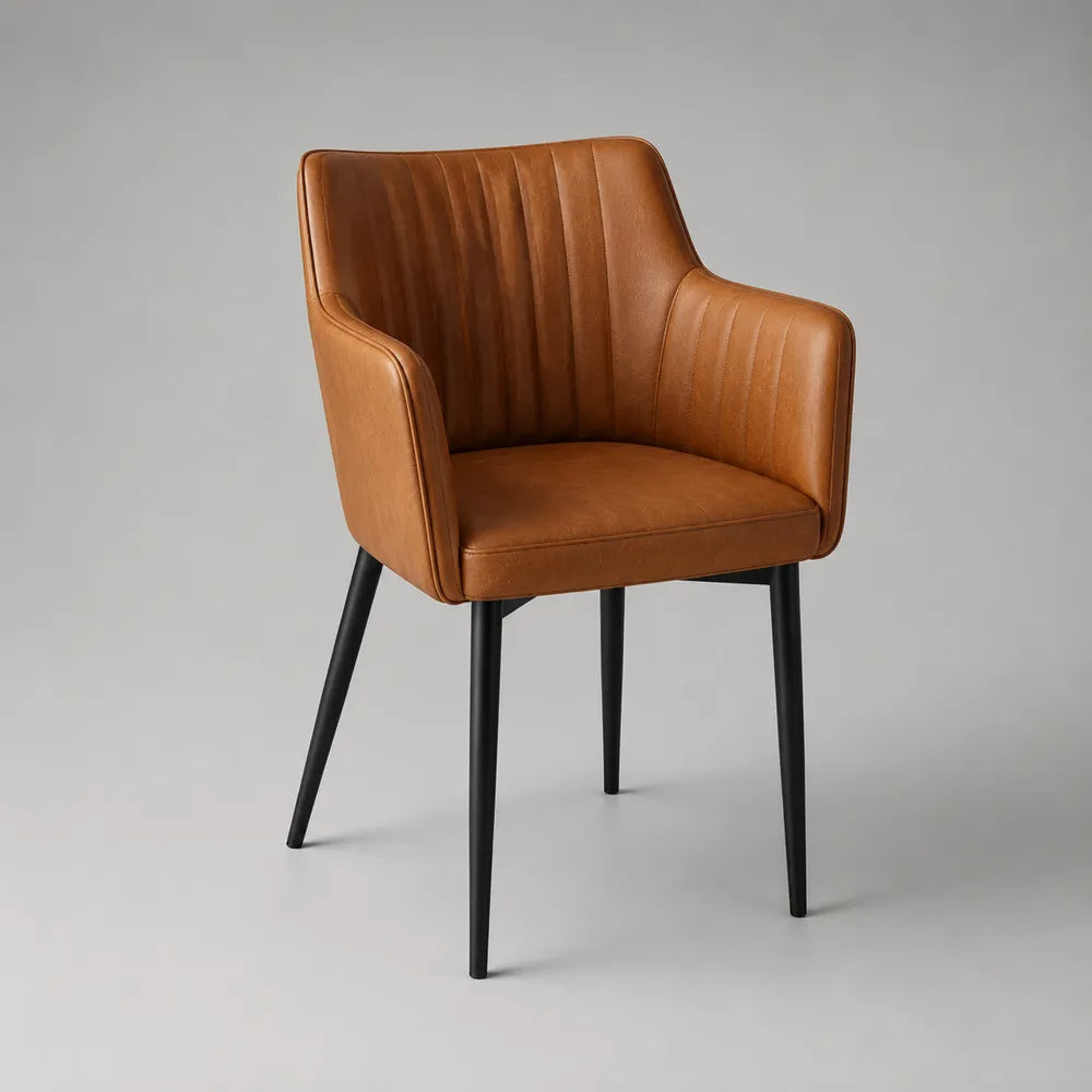 Fauteuil de salle à manger avec accoudoirs en similicuir marron et pieds en acier noir 60 x 62 x 82 cm