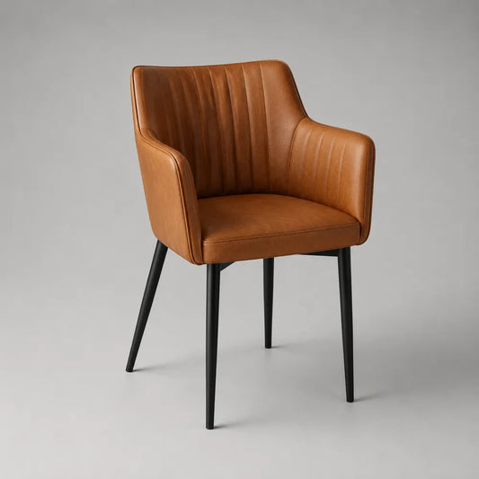 Fauteuil de salle à manger avec accoudoirs en similicuir marron et pieds en acier noir 60 x 62 x 82 cm