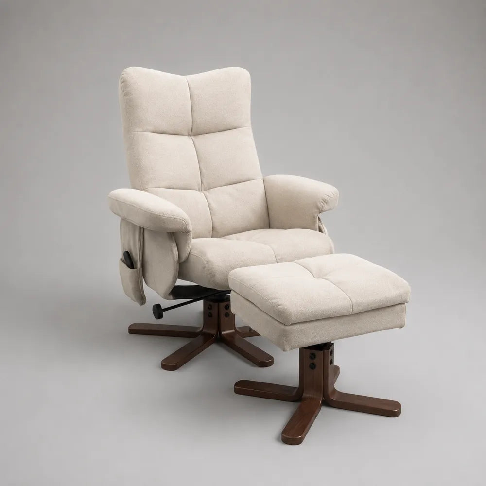 Fauteuil relax inclinable avec repose-pieds séparé en tissu polyester beige base pivotante marron 80 x 90 x 105 cm
