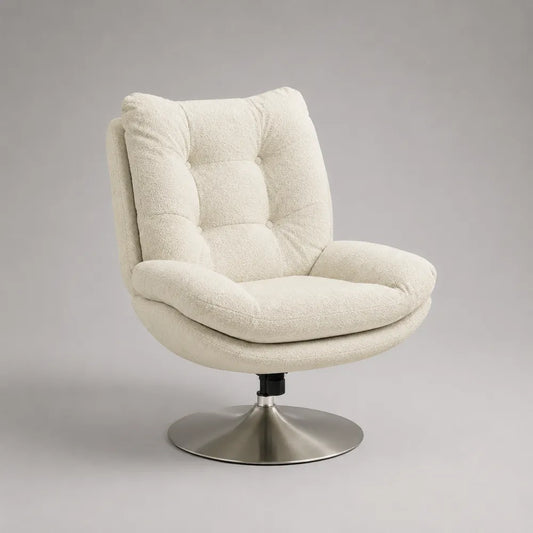 Fauteuil pivotant rembourré en polyester beige avec base ronde métallique 75 x 80 x 85 cm