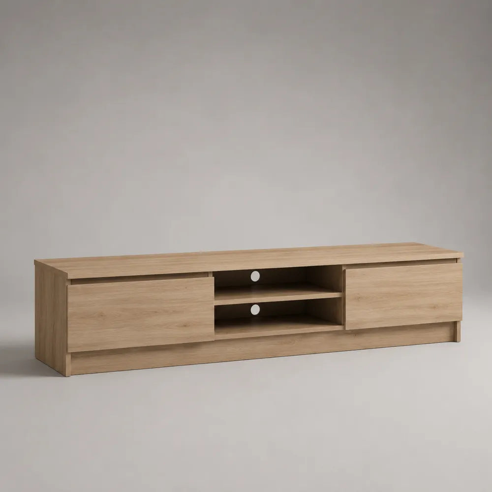 Meuble TV bas en MDF effet bois clair avec portes coulissantes et niches ouvertes 180 x 40 x 35 cm