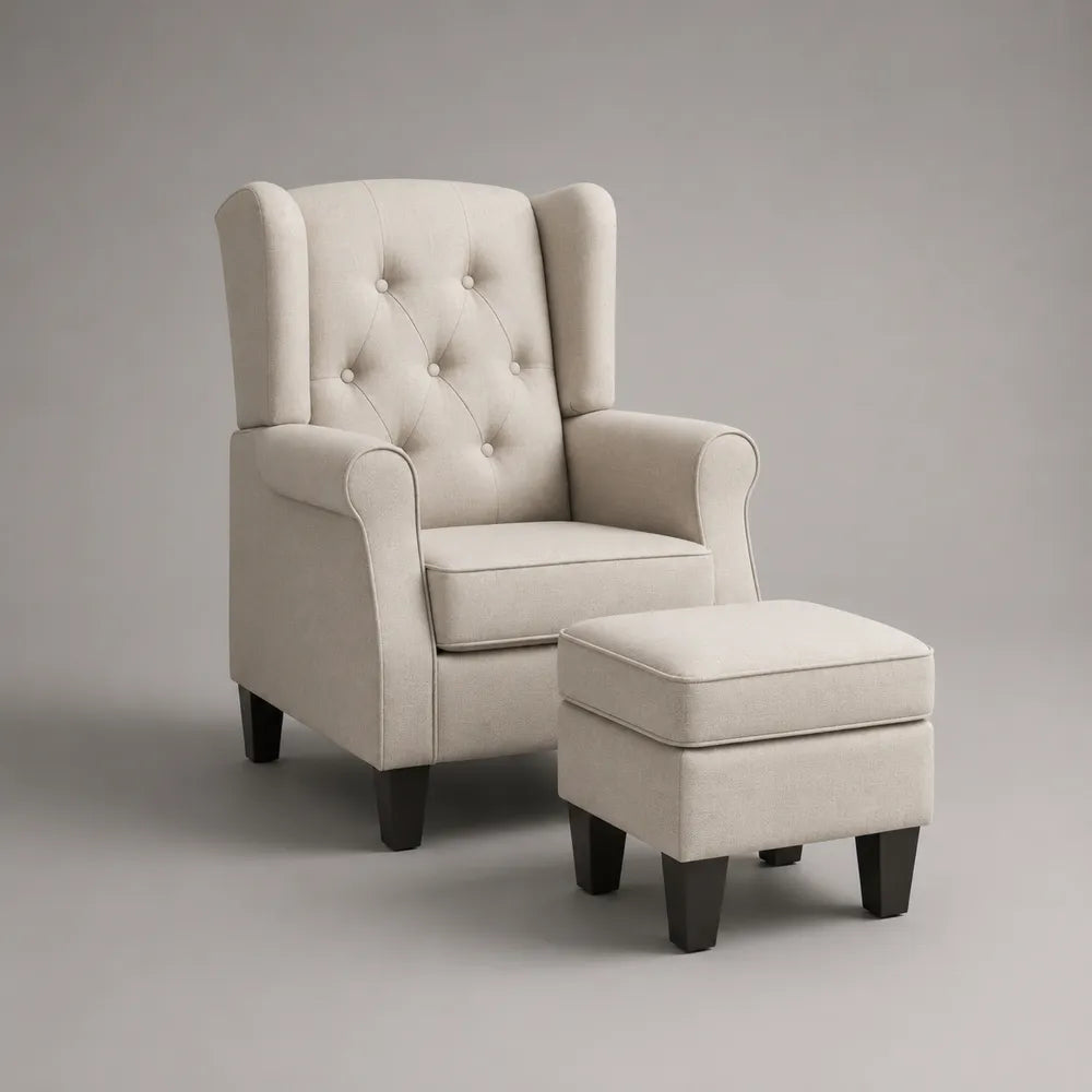 Fauteuil avec repose-pieds assorti en tissu polyester beige dossier capitonné pieds noirs 75 x 85 x 100 cm