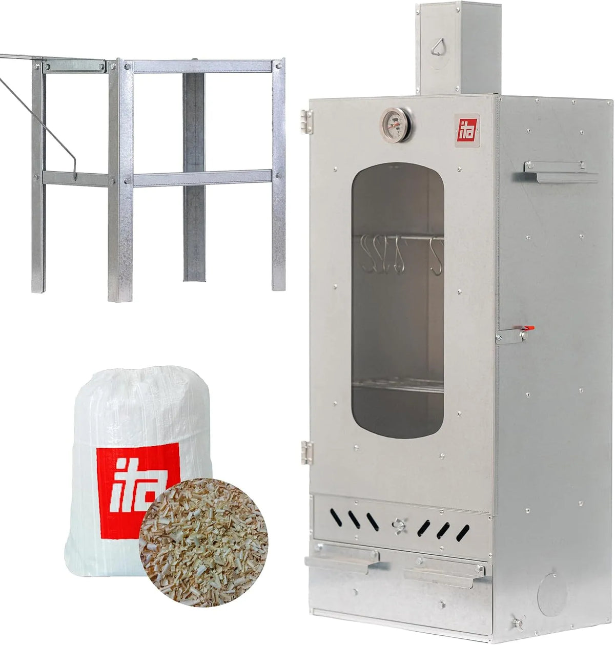 Fumoir 7012 ITA, 81 cm avec 3 niveaux, Set Smoker avec table, Armoire avec fenêtre & cheminée, Acier allié, Qualité UE, Direct fabricant