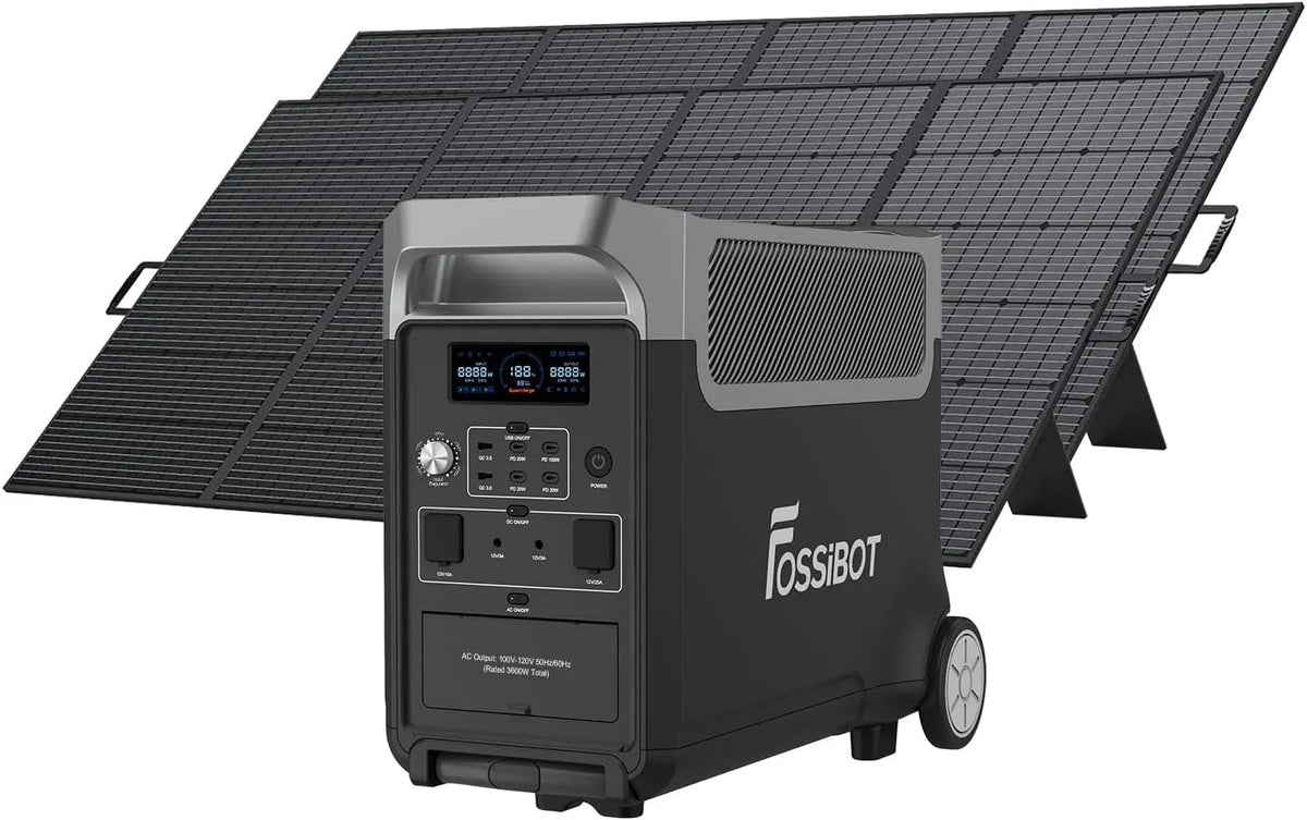 Modèle Generateur Electrique Solaire CA F3600 LiFePO4 FOSSiBOT, puissance 7200W Pic, avec 2 panneaux solaires de 400W